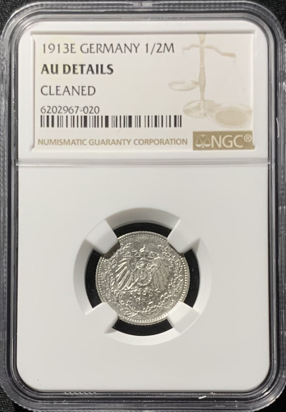 紫瑗钱币——第153期拍卖 德国 1913年 E版 第二帝国 1/2马克 银币 NGC AU Detail