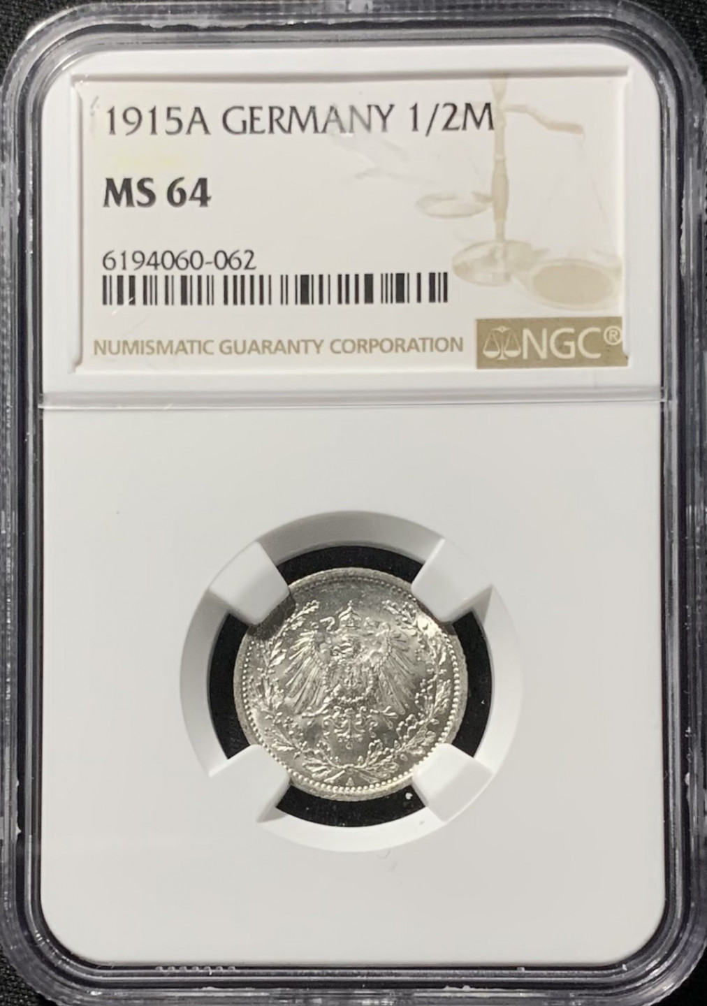 紫瑗钱币——第153期拍卖 德国 1915年 A版 第二帝国 1/2马克 银币 NGC MS64
