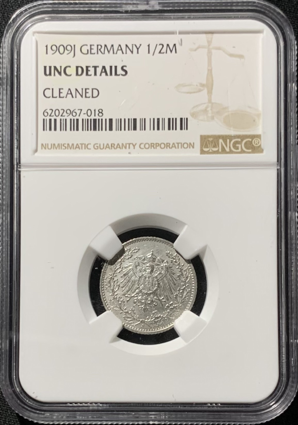 紫瑗钱币——第153期拍卖 德国 1909年 J版 第二帝国 1/2马克 银币 NGC UNC Detail