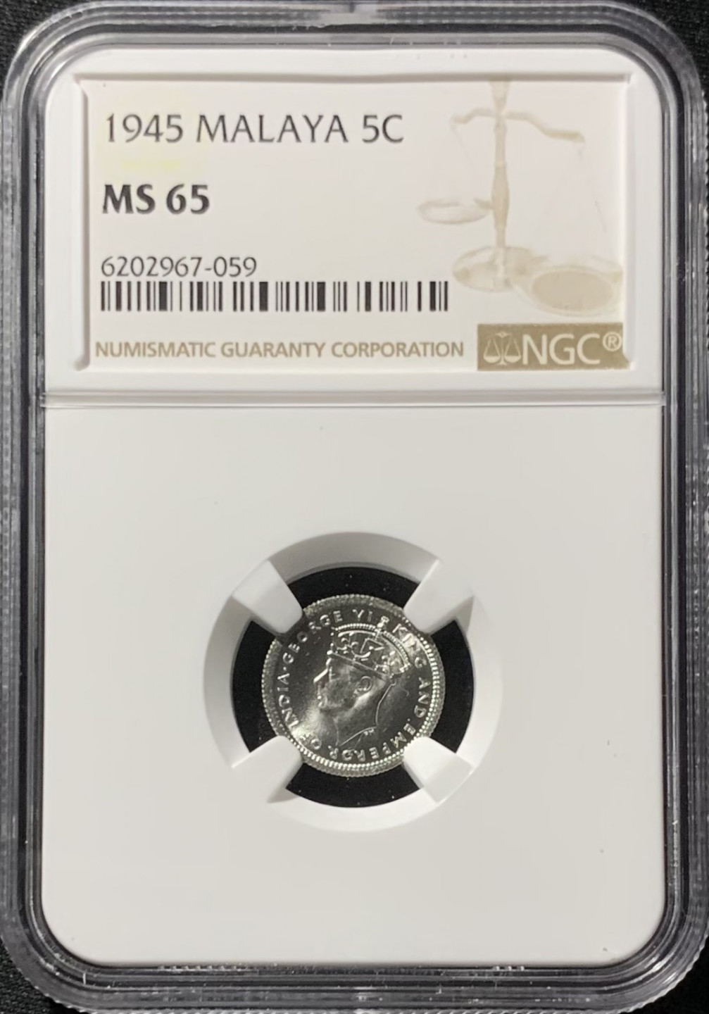 紫瑗钱币——第153期拍卖 马来亚 1945年 乔治六世 5分 银币 NGC MS65