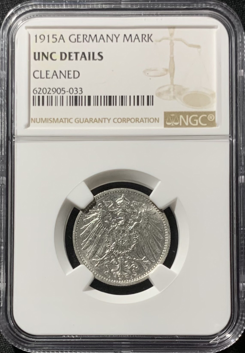 紫瑗钱币——第153期拍卖 德国 1915年 A版 第二帝国 长翅 1马克 银币 NGC UNC Detail