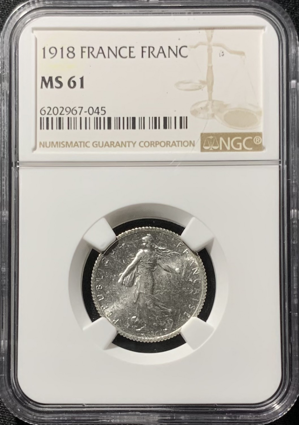 紫瑗钱币——第153期拍卖 法国 1918年 播种女神 1法郎 银币 NGC MS61