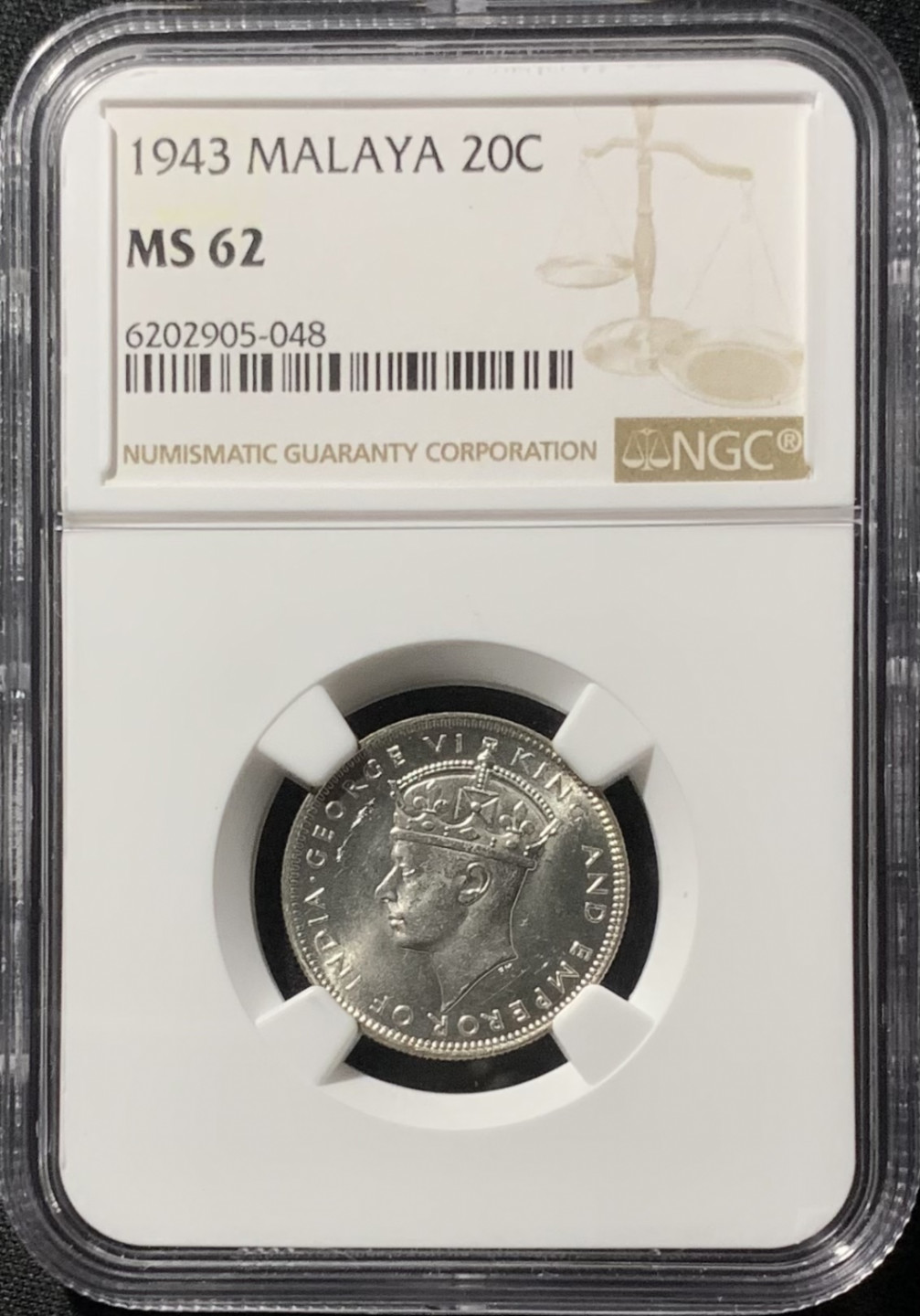 紫瑗钱币——第153期拍卖 马来亚 1943年 乔治六世 20分 银币 NGC MS63
