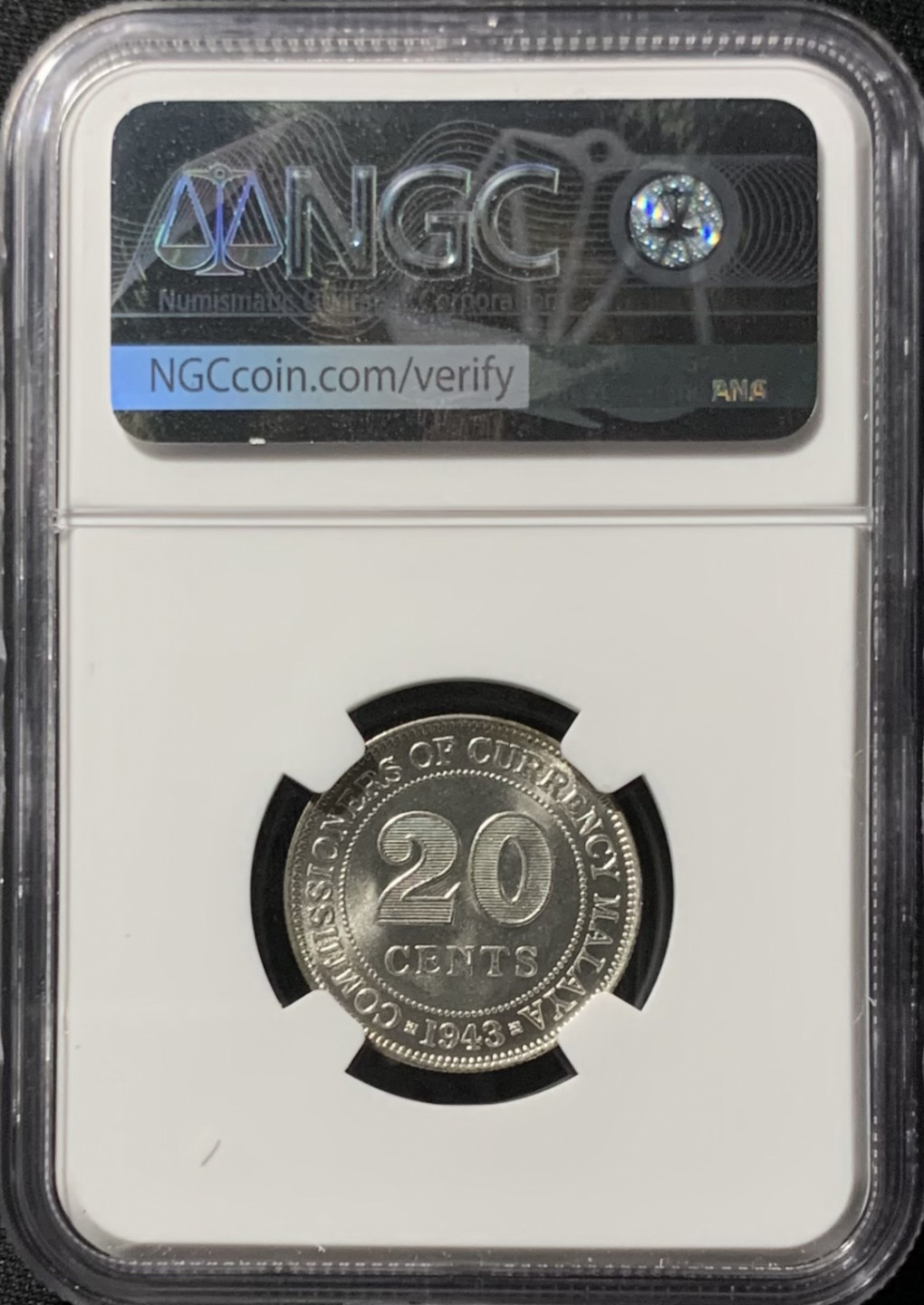紫瑗钱币——第153期拍卖 马来亚 1943年 乔治六世 20分 银币 NGC MS63