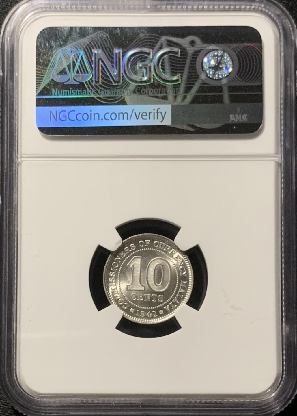 紫瑗钱币——第153期拍卖 马来亚 1941年 乔治六世 10分 银币 NGC MS65