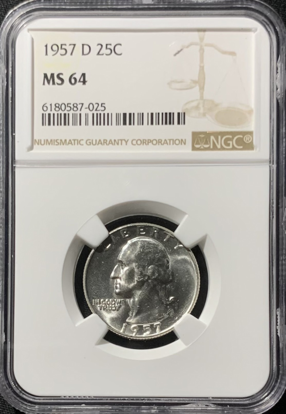 紫瑗钱币——第153期拍卖 美国 1957年 D版 华盛顿 25美分 1/4美元 银币 NGC MS64