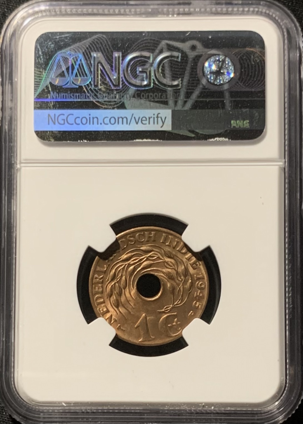 紫瑗钱币——第153期拍卖 荷属东印度 1945年 P版 1分 中孔 NGC MS64 RB