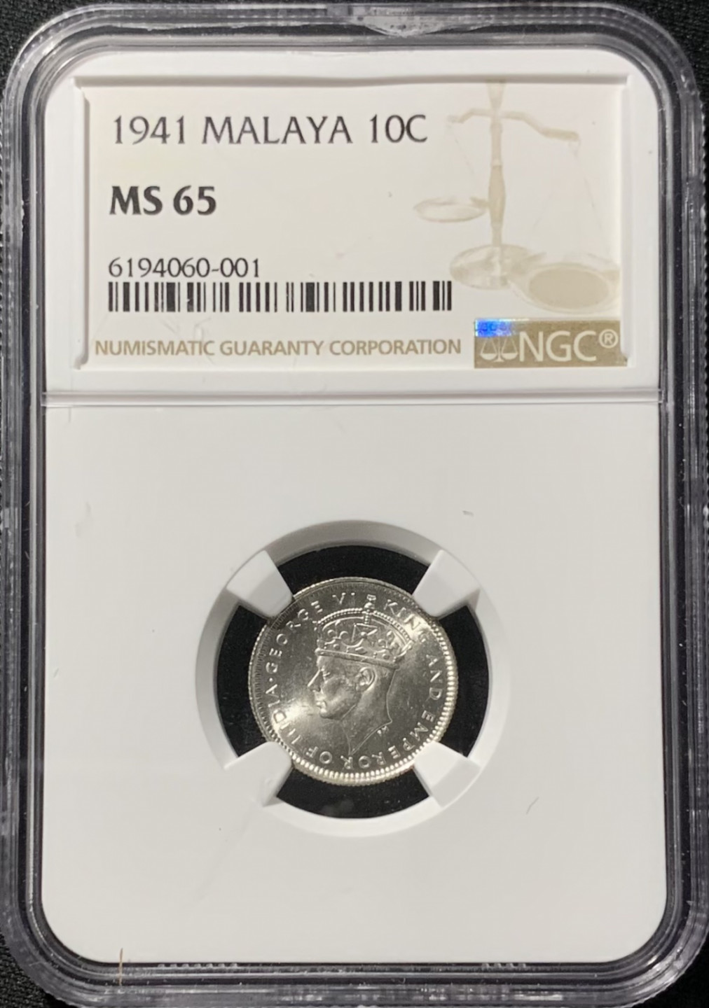 紫瑗钱币——第153期拍卖 马来亚 1941年 乔治六世 10分 银币 NGC MS65