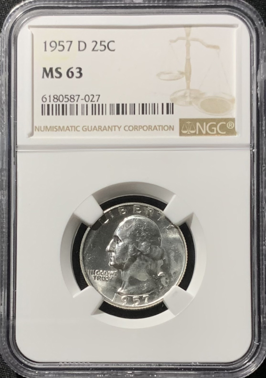 紫瑗钱币——第153期拍卖 美国 1957年 D版 华盛顿 25美分 1/4美元 银币 NGC MS63