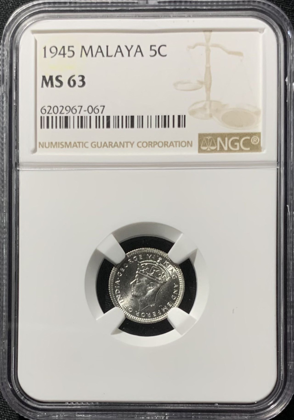 紫瑗钱币——第153期拍卖 马来亚 1945年 乔治六世 5分 银币 NGC MS63