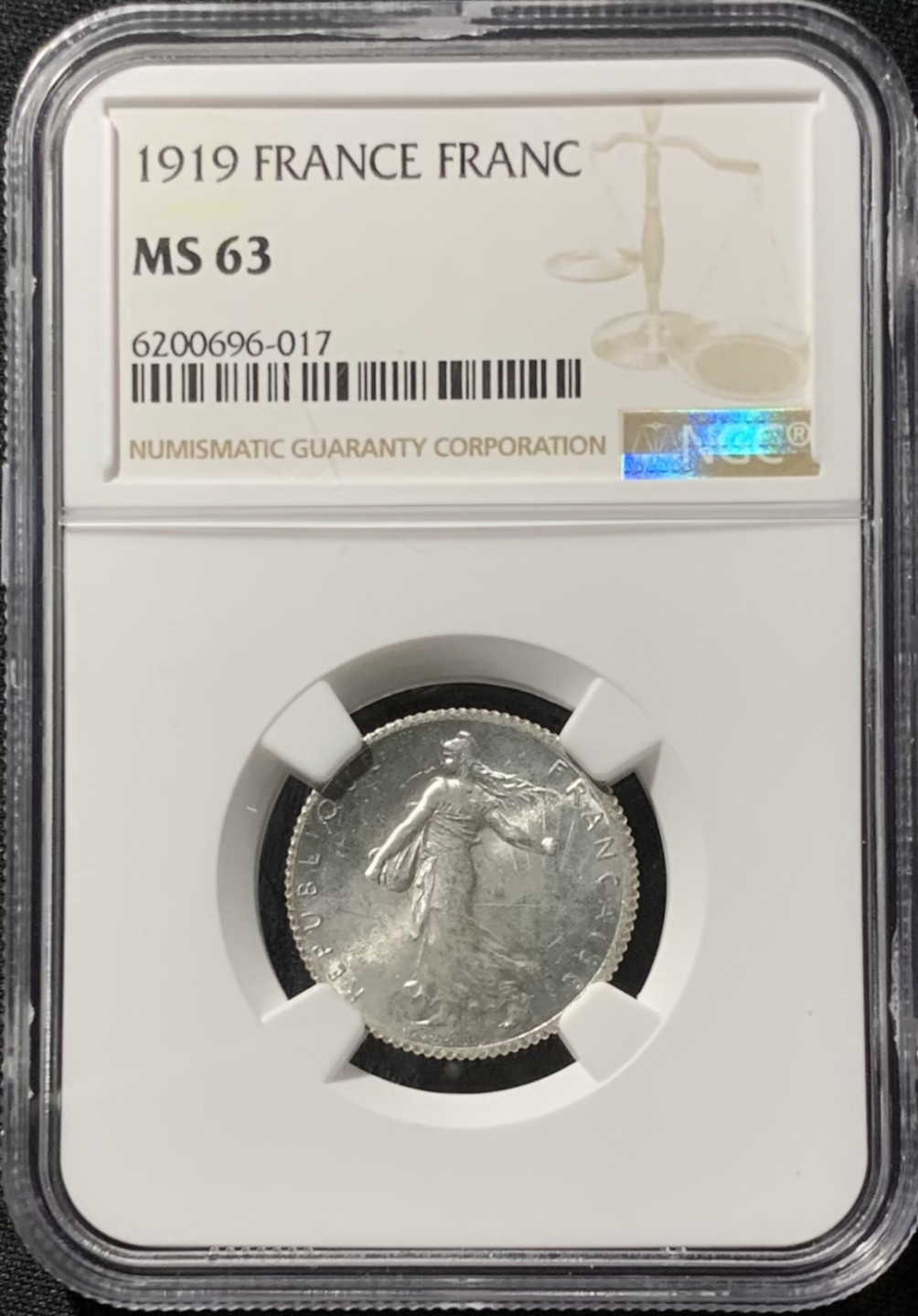 紫瑗钱币——第153期拍卖 法国 1919年 播种女神 1法郎 银币 NGC MS63