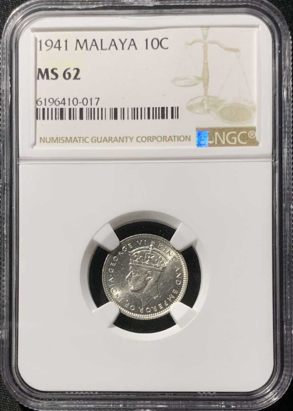 紫瑗钱币——第153期拍卖 马来亚 1941年 乔治六世 10分 银币 NGC MS62