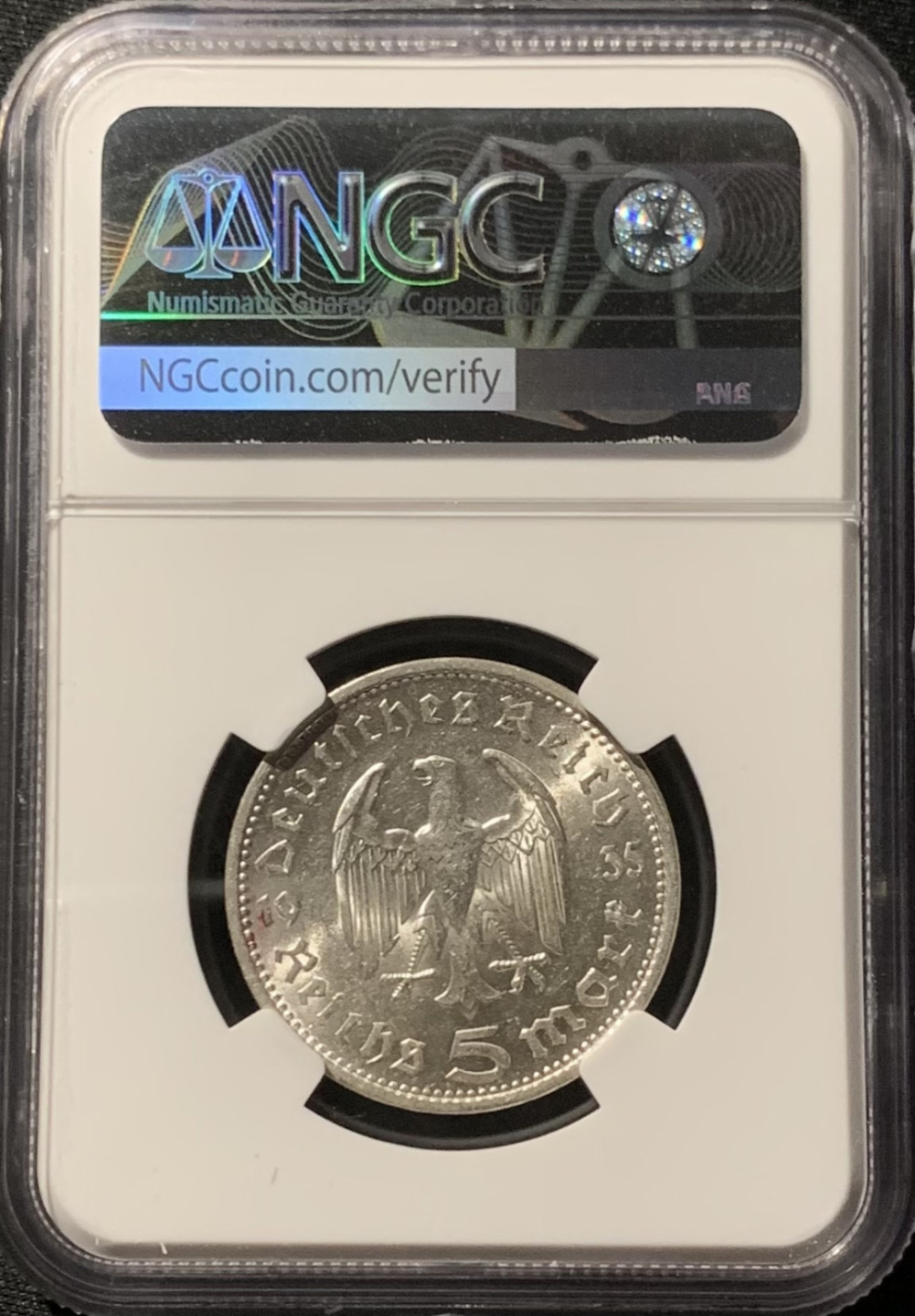 紫瑗钱币——第153期拍卖 德国 1935年 A版 兴登堡 5马克 银币 NGC MS61