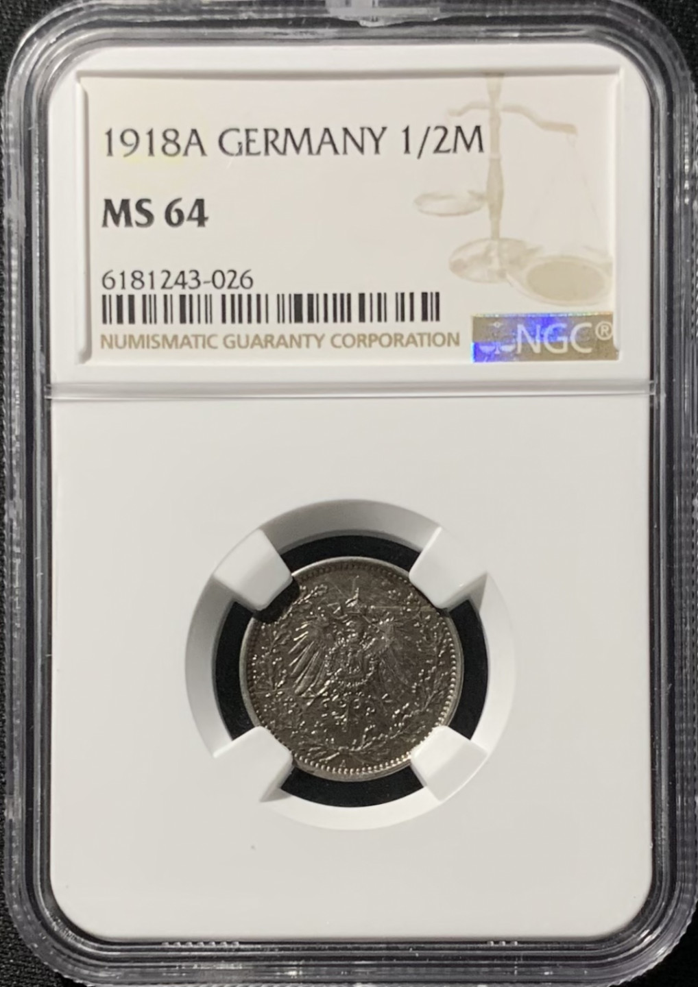 紫瑗钱币——第153期拍卖 德国 1918年 A版 第二帝国 1/2马克 银币 NGC MS64 漆黑包浆