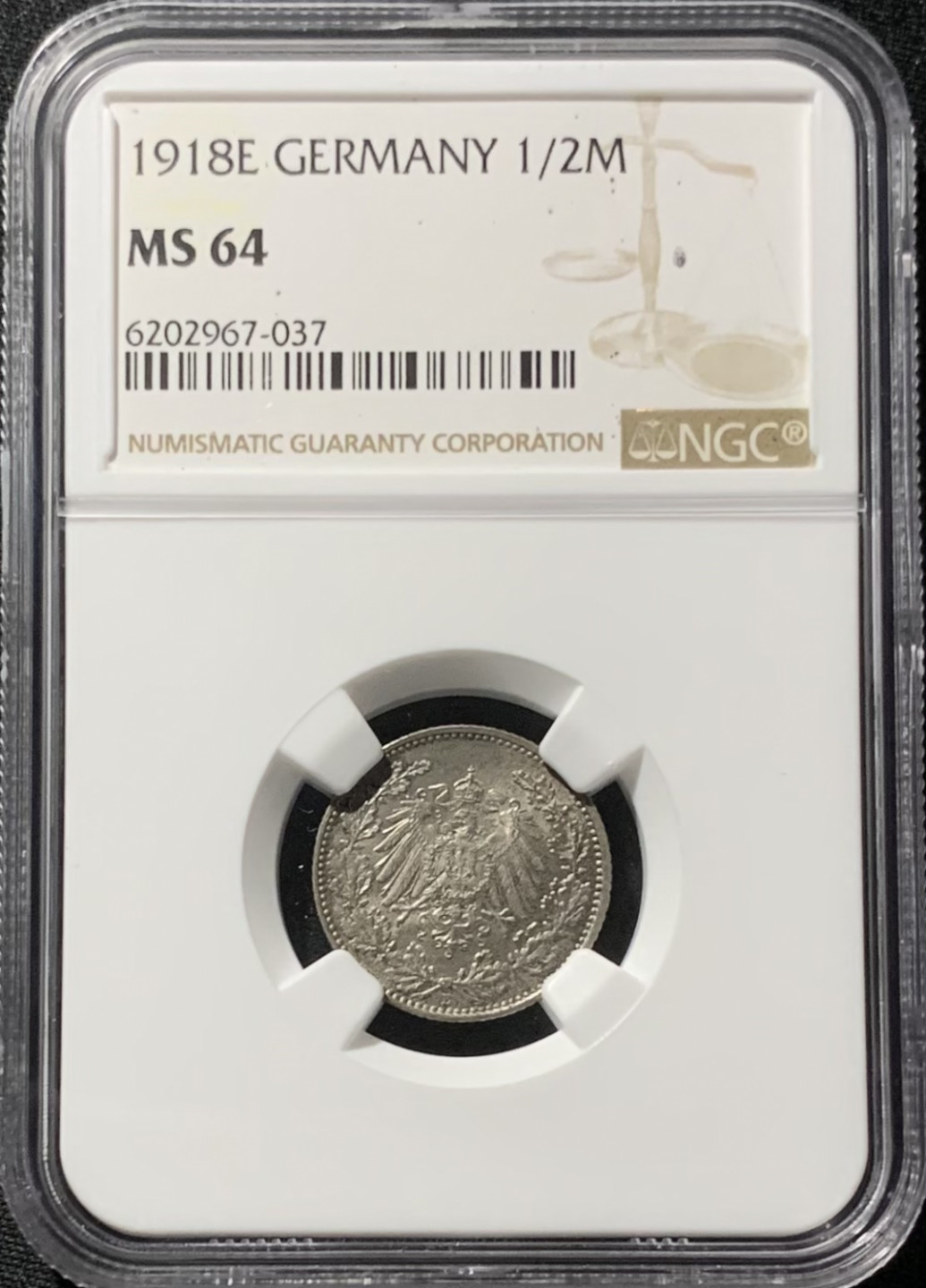 紫瑗钱币——第153期拍卖 德国 1918年 E版 第二帝国 1/2马克 银币 NGC MS64