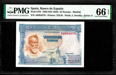 【Blue Auction】世界纸币精拍第141期——小岛渔民（共80拍） - 西班牙 1938年25比塞塔 PMG66EPQ 经典小华金 名画
