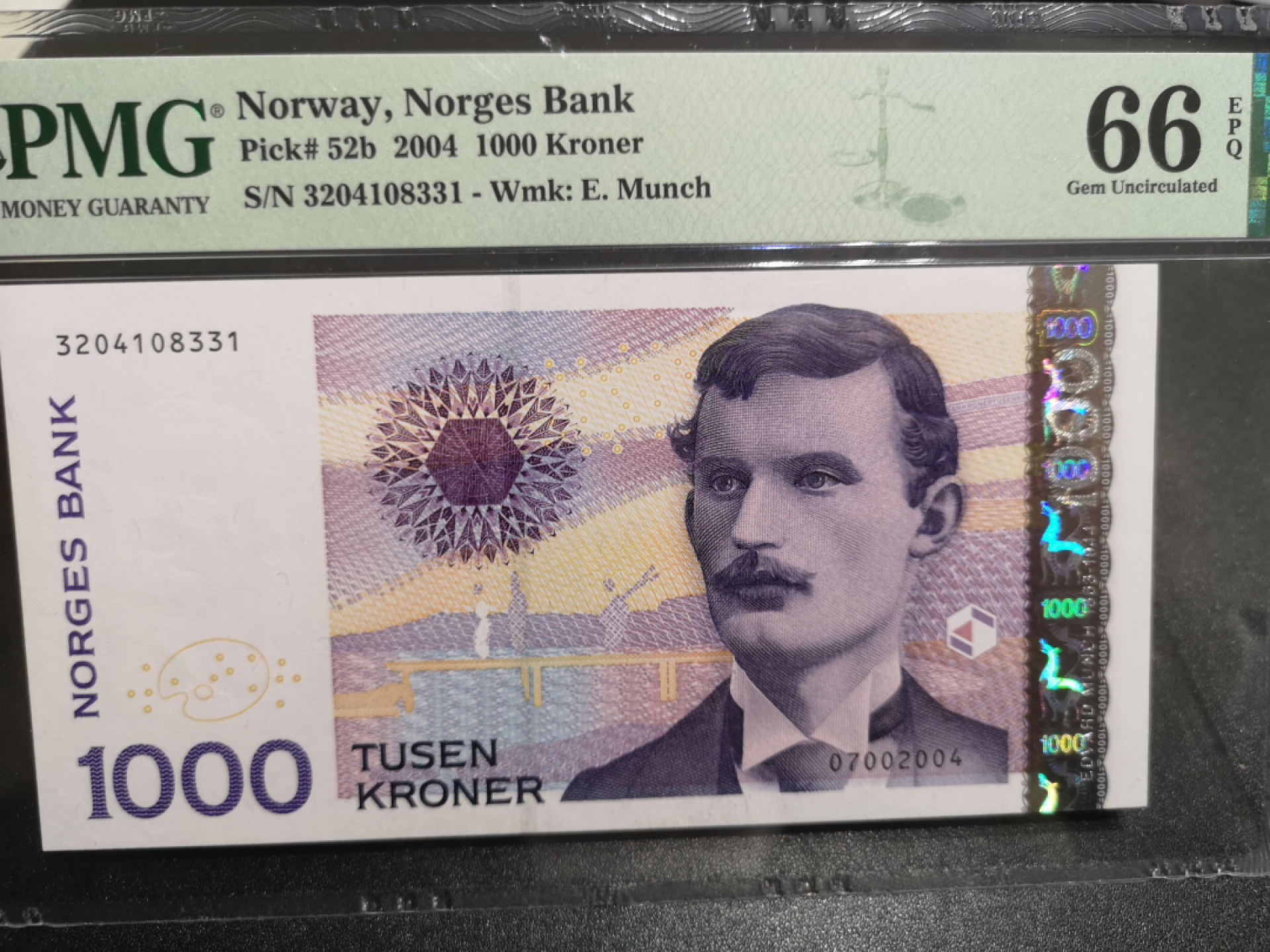 《外钞收藏家》第一百四十七期拍卖连拍第一场（98件） 2004年挪威1000克朗 蒙克 PMG66