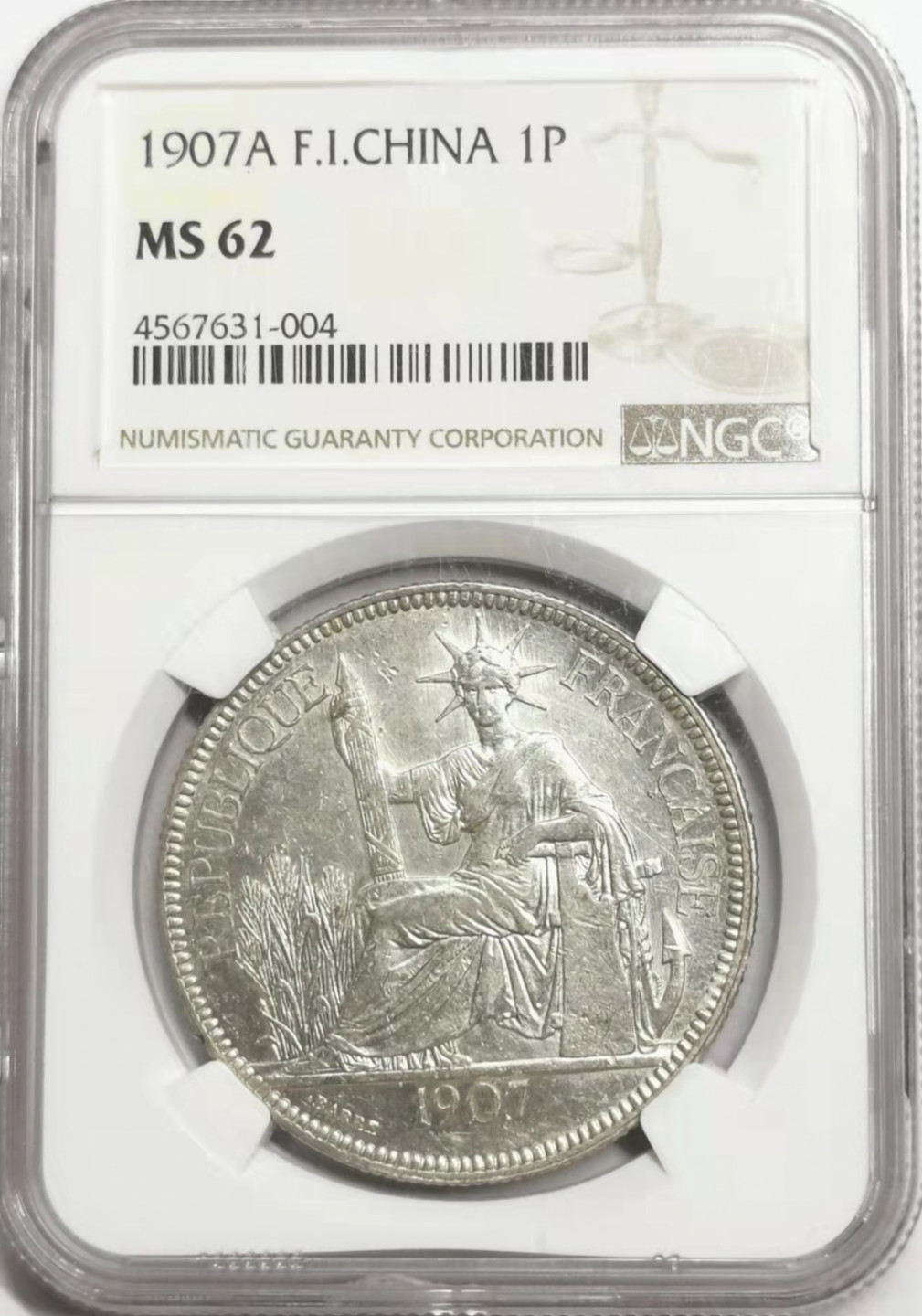 凡希社世界钱币微拍第一百七十八期 1907A法属印度支那皮亚斯特大银NGC-MS62
