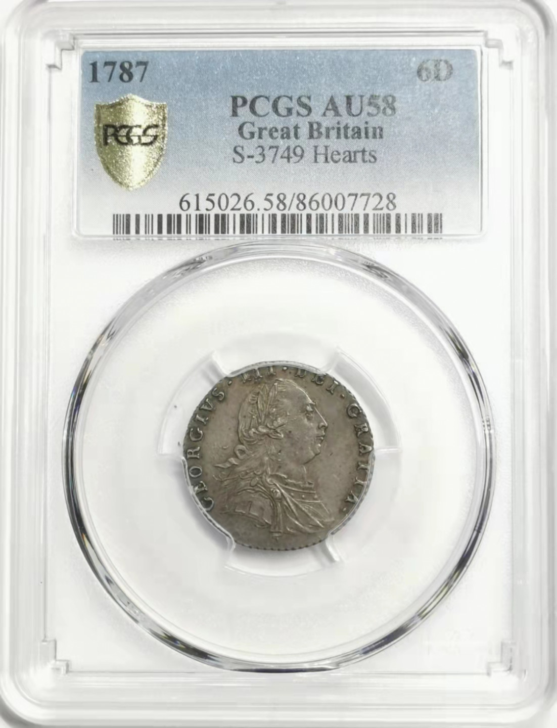 凡希社世界钱币微拍第一百七十八期 1787英国乔三6便士银PCGS-AU58