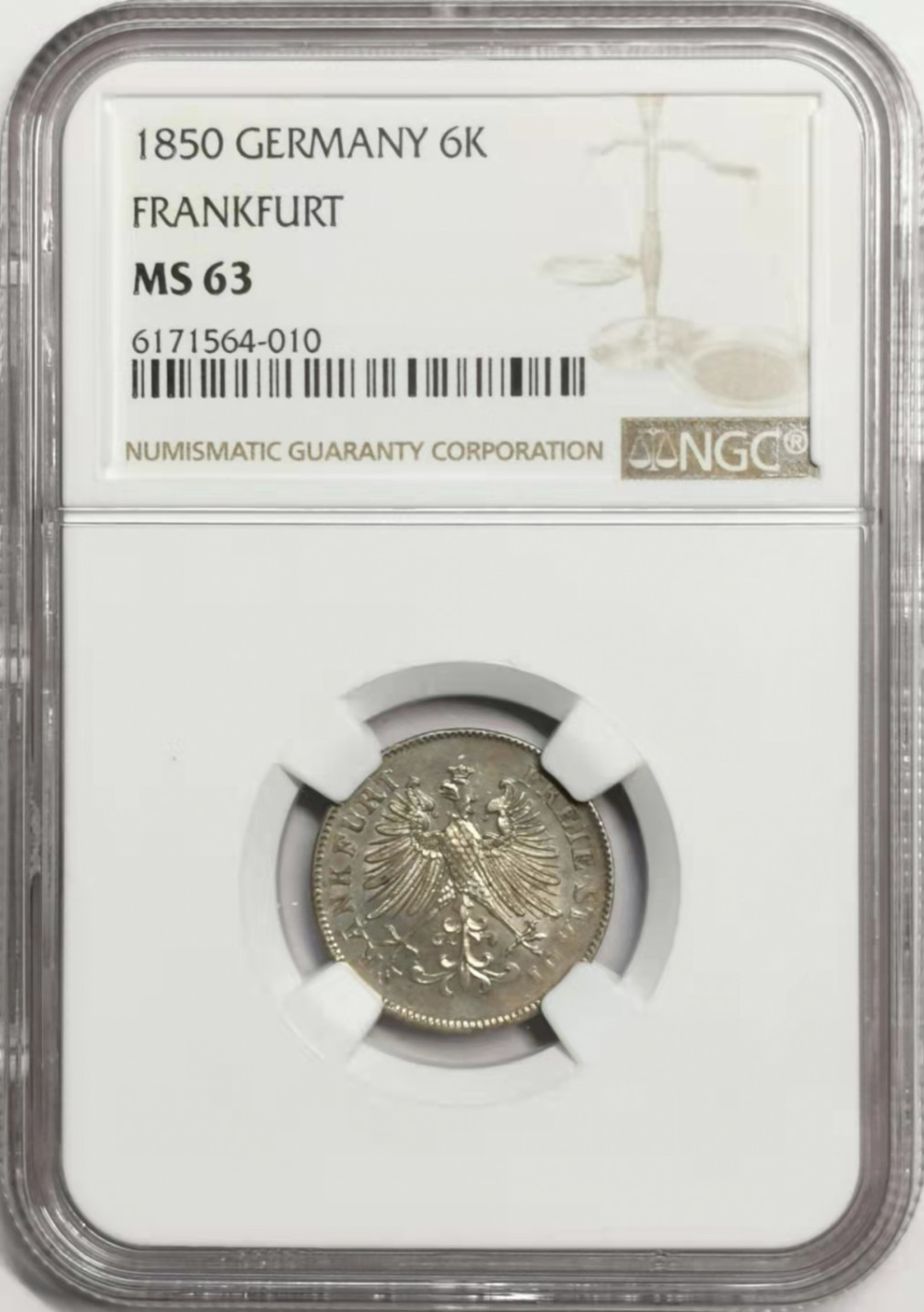 凡希社世界钱币微拍第一百七十八期 1850法兰克福6K银辅币NGC-MS63