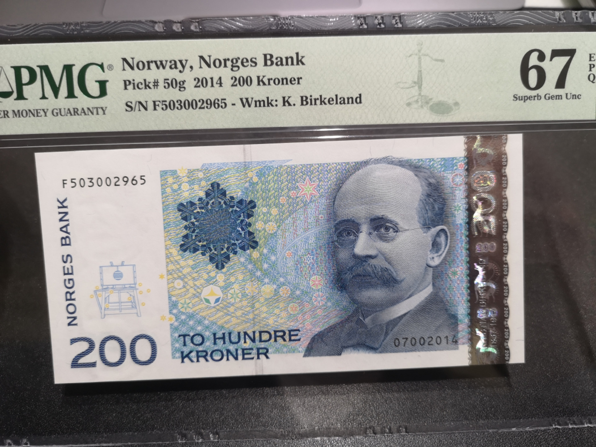 《外钞收藏家》第一百四十七期拍卖连拍第一场（98件） 2014年挪威200克朗 PMG67 无47