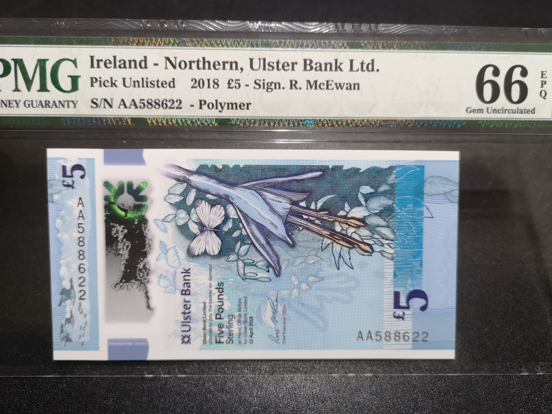《外钞收藏家》第一百四十七期拍卖连拍第一场（98件） 2018年北爱尔兰5镑 AA冠 PMG66 无47尾22
