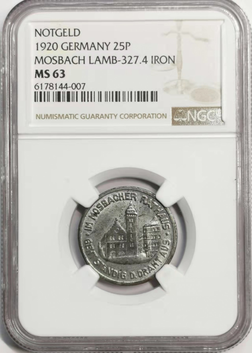 凡希社世界钱币微拍第一百七十八期 1920德国紧急状态25芬尼铁币NGC-MS63