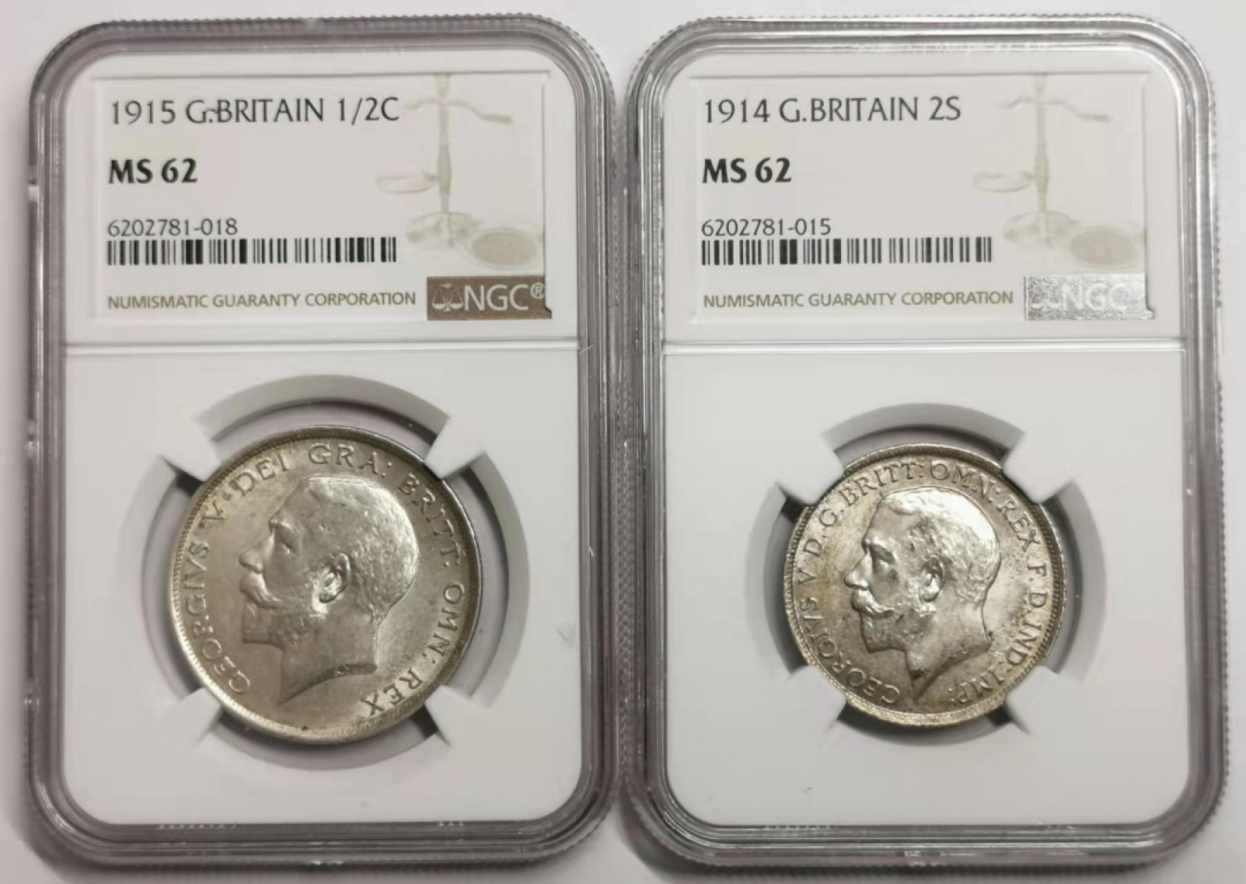 凡希社世界钱币微拍第一百七十八期 英国乔五半克朗佛罗林一对NGC-MS62