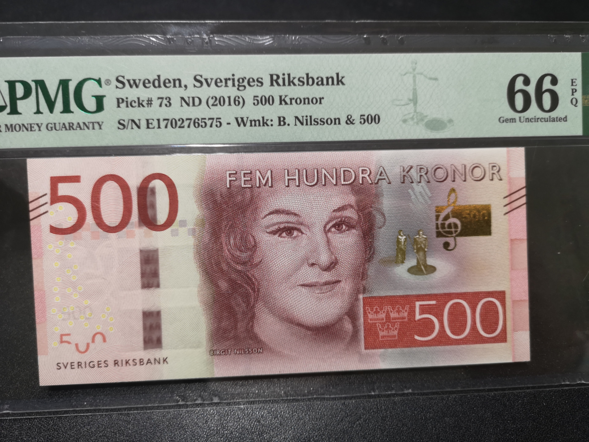 《外钞收藏家》第一百四十七期拍卖连拍第一场（98件） 2016年瑞典500克朗 PMG66