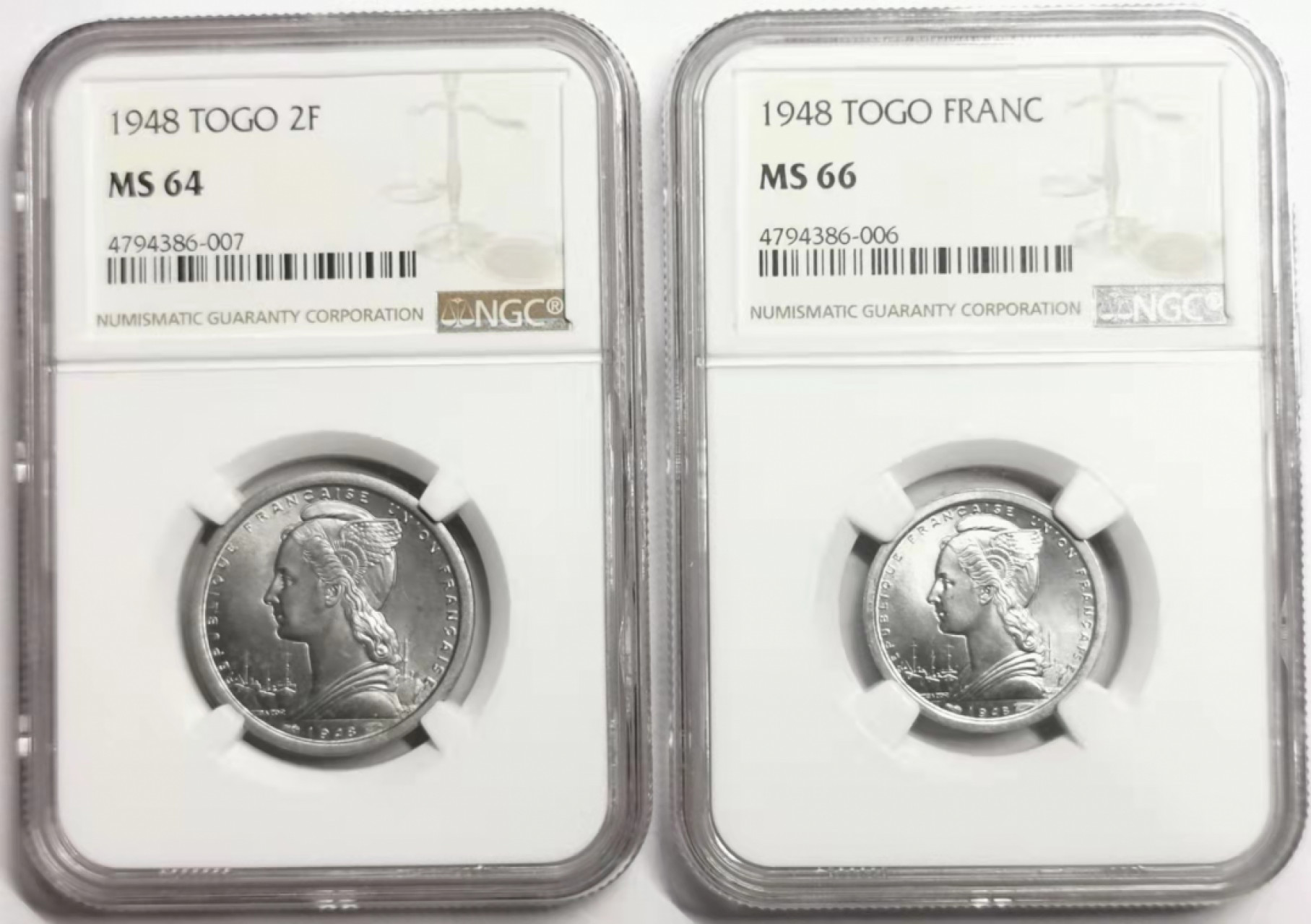 凡希社世界钱币微拍第一百七十八期 1948法属多哥1法郎2法郎一对NGC-MS64/66