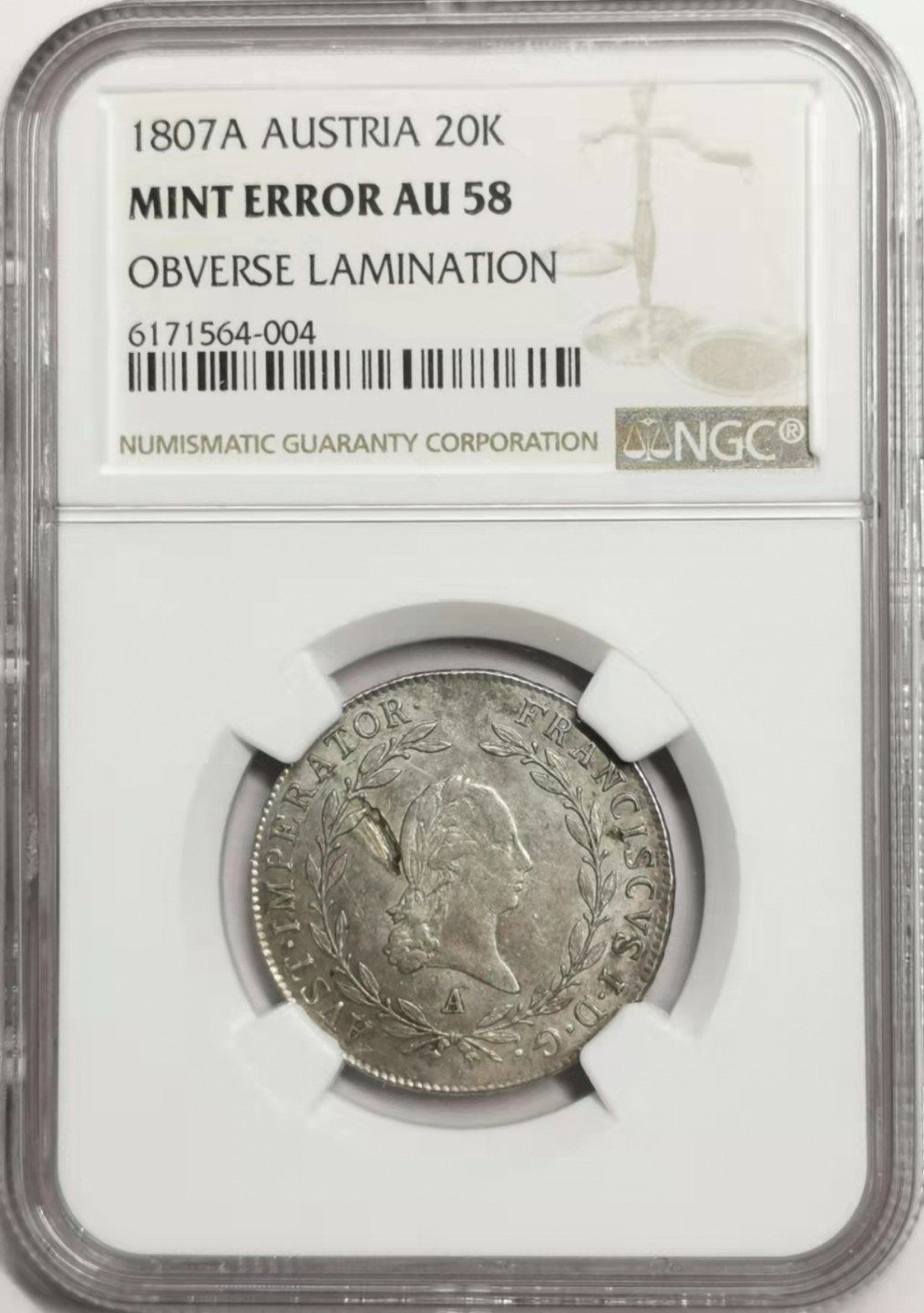 凡希社世界钱币微拍第一百七十八期 1807奥地利20克鲁泽NGC-AU58铸造错版！