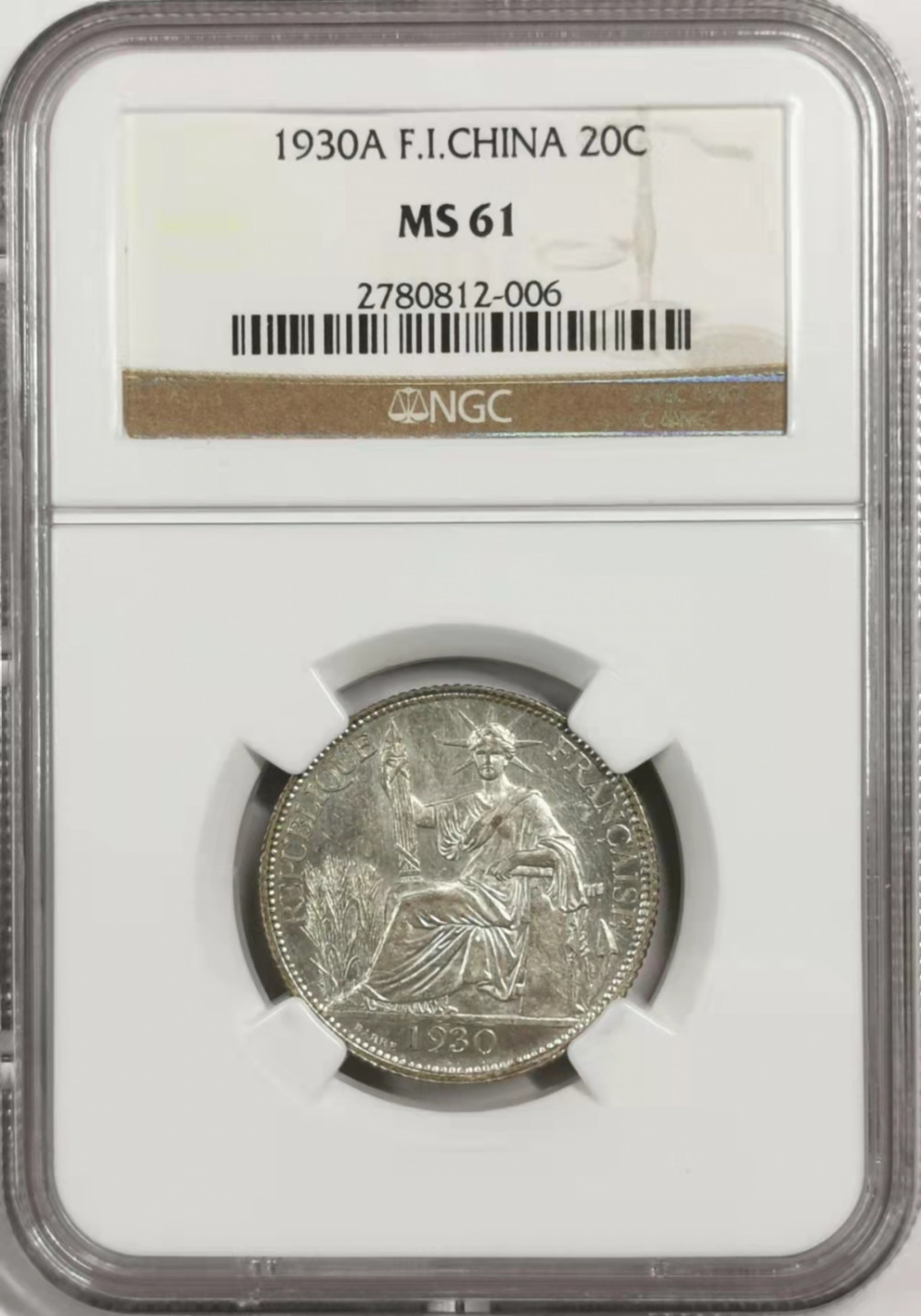 凡希社世界钱币微拍第一百七十八期 1930A法属印度支那20分银辅币NGC-MS61