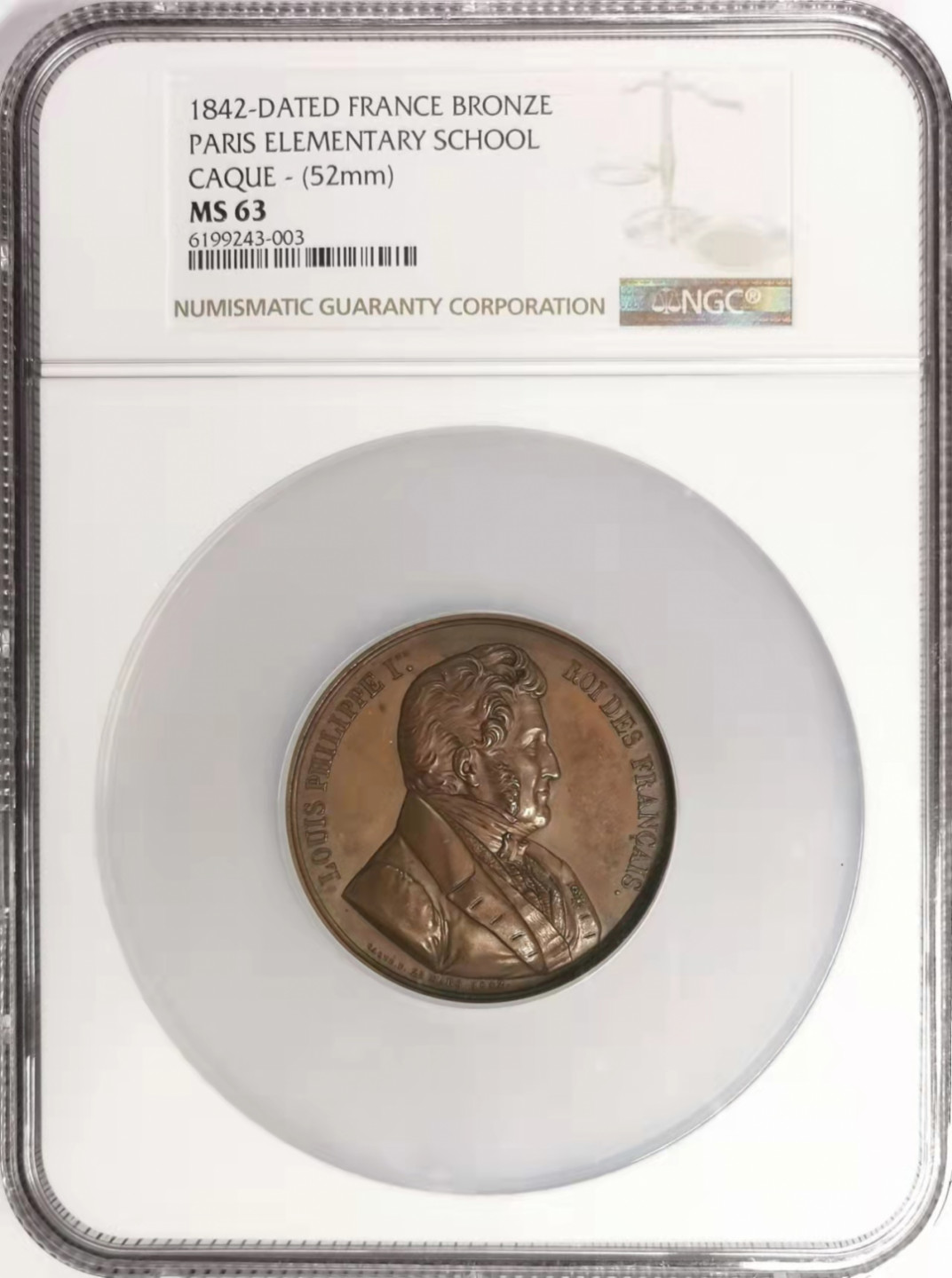 凡希社世界钱币微拍第一百七十八期 1842法国巴黎初级学校纪念大铜章NGC-MS63