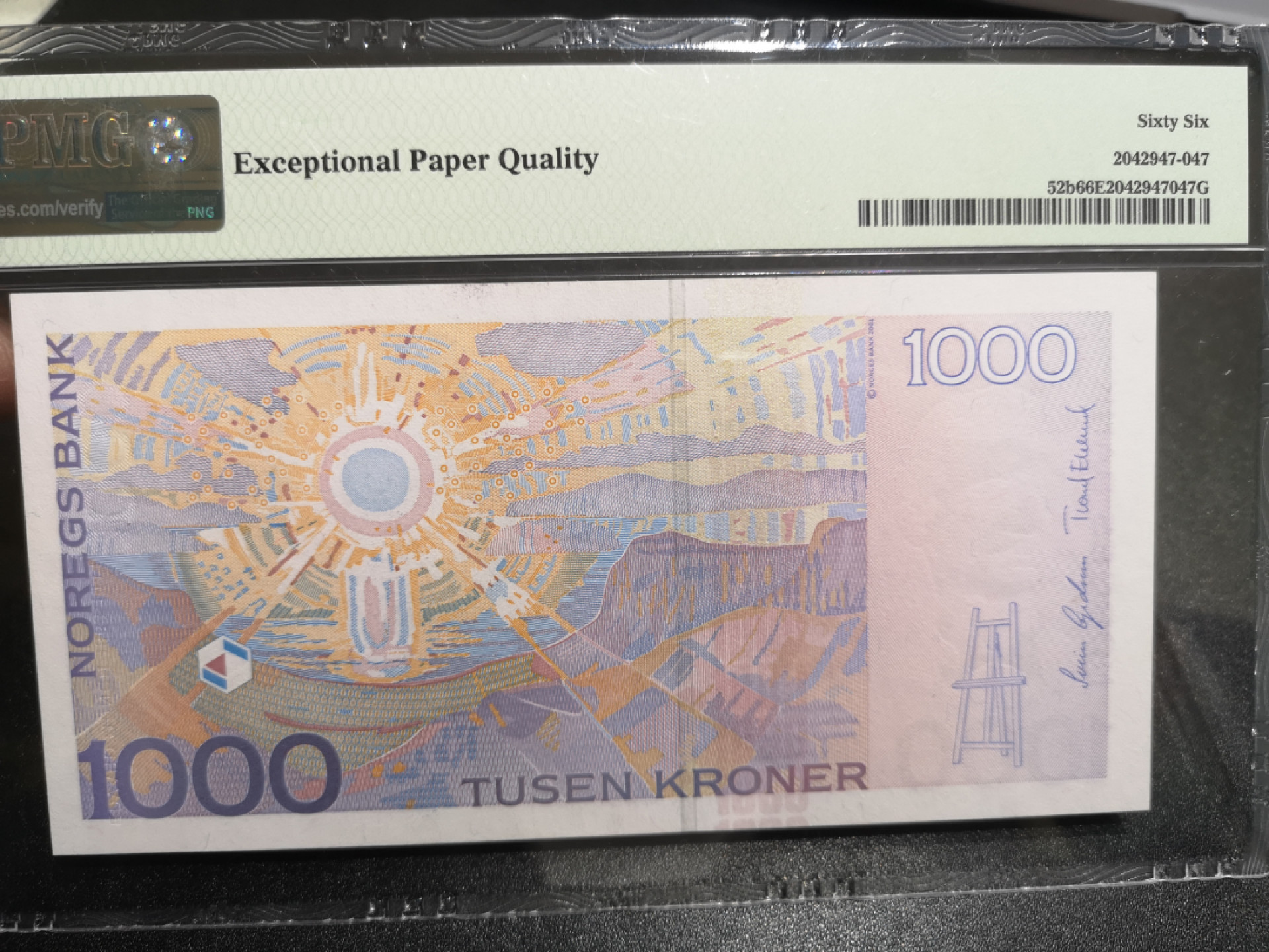 《外钞收藏家》第一百四十七期拍卖连拍第一场（98件） 2004年挪威1000克朗 蒙克 PMG66