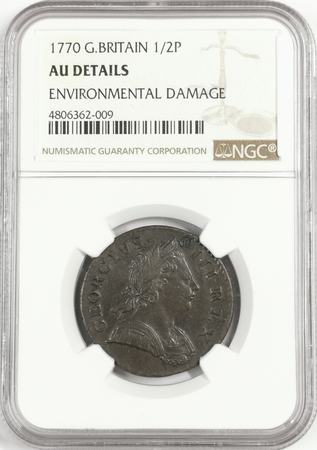 凡希社世界钱币微拍第一百七十八期 1770英国乔三1/2便士NGC-AUD