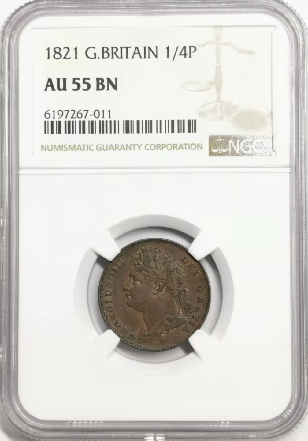 凡希社世界钱币微拍第一百七十八期 1821英国乔四法新铜NGC-AU55