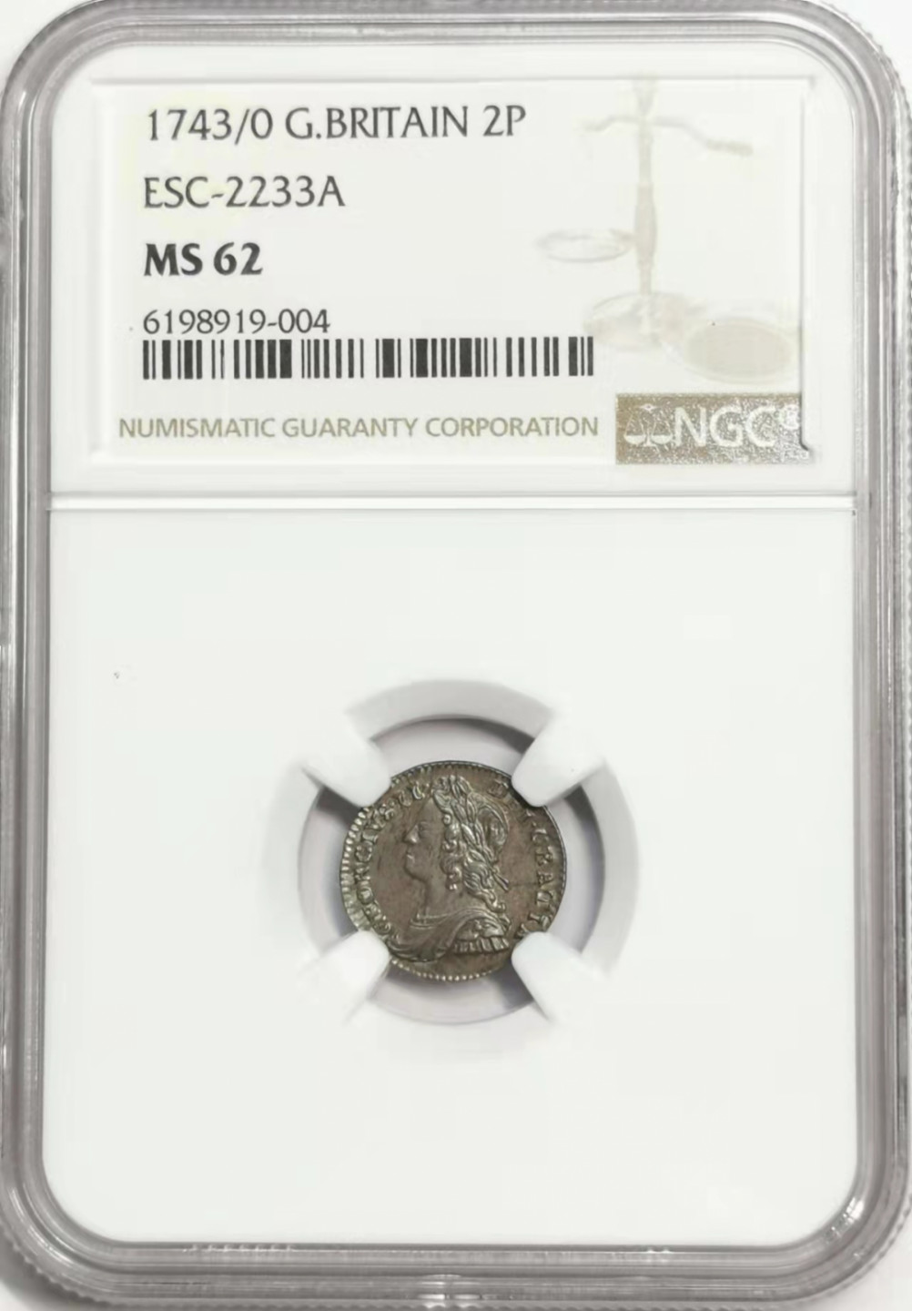 凡希社世界钱币微拍第一百七十八期 1743/0英国乔二2便士银NGC-MS62骑字版！