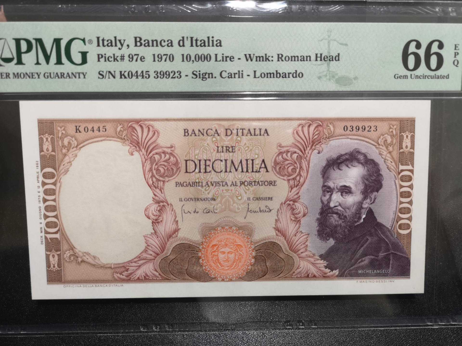 《外钞收藏家》第一百四十七期拍卖连拍第一场（98件） 1970年意大利1万里拉 PMG66