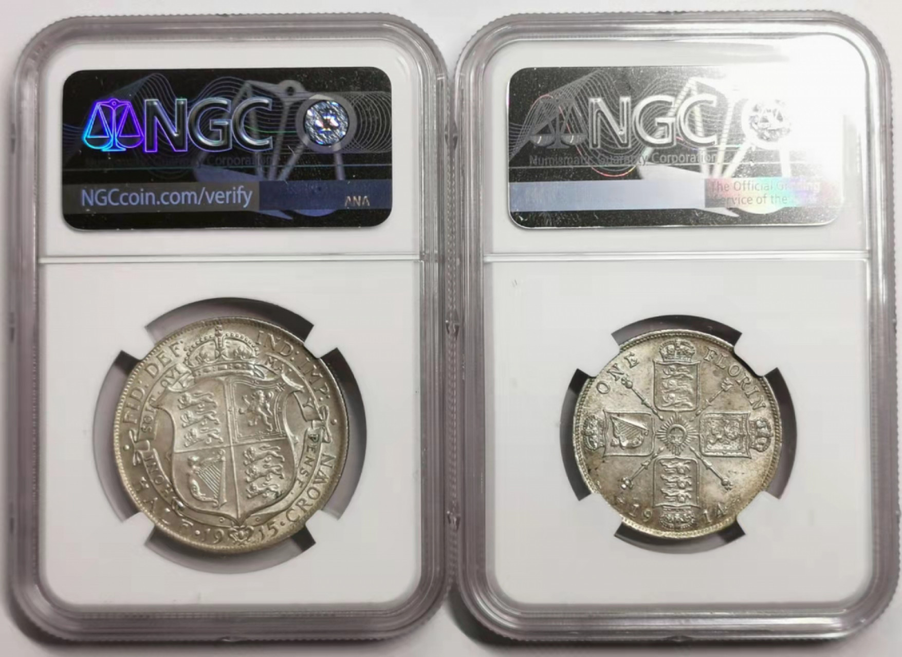 凡希社世界钱币微拍第一百七十八期 英国乔五半克朗佛罗林一对NGC-MS62