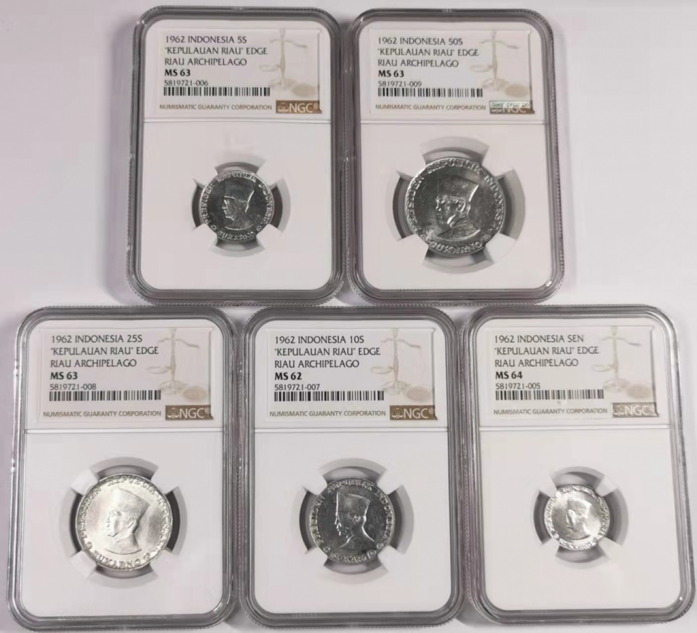 凡希社世界钱币微拍第一百七十八期 荐！1962廖内群岛五枚套NGC-MS62-64