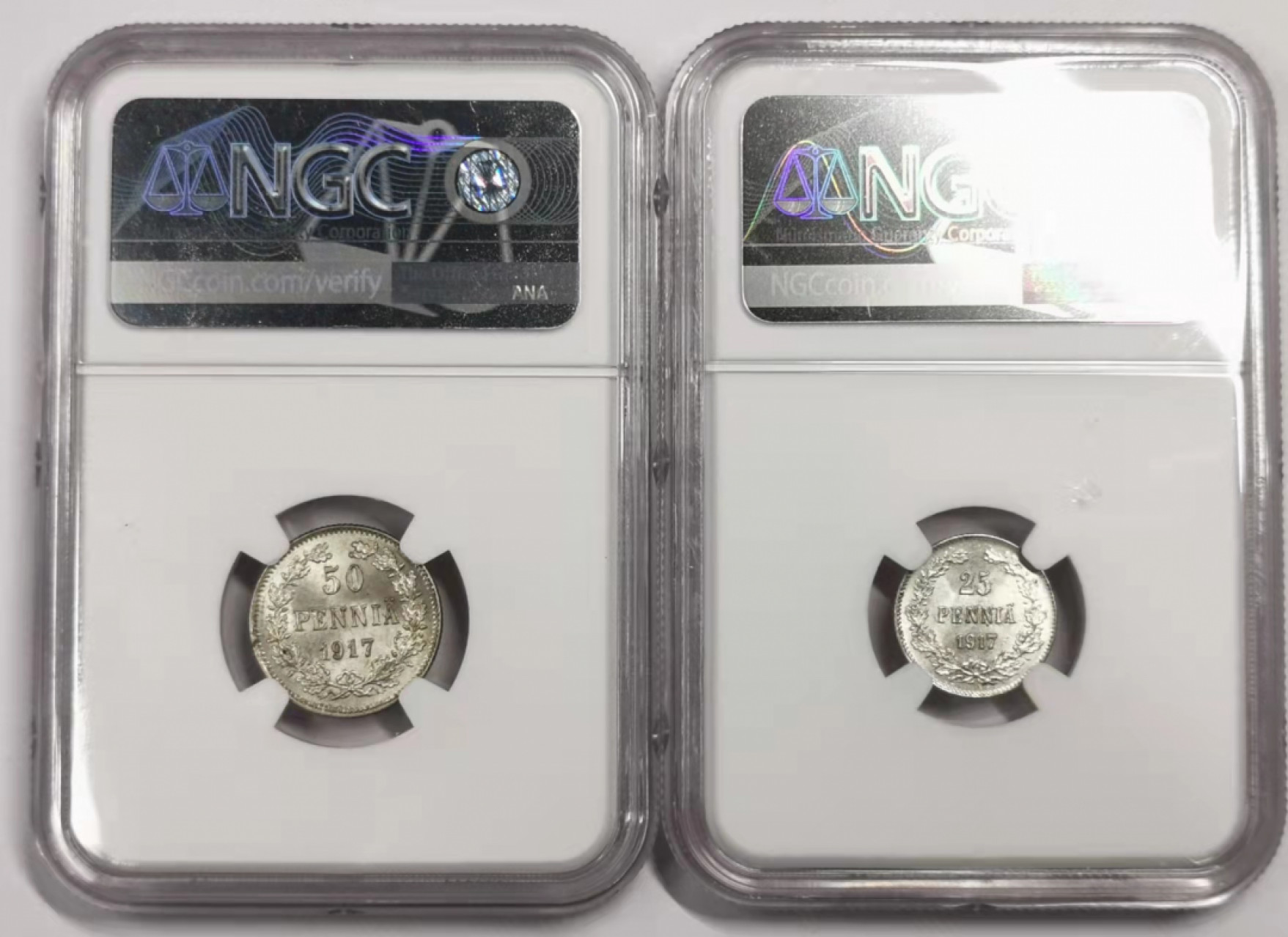 凡希社世界钱币微拍第一百七十八期 1917芬兰银辅币一对NGC-MS63/64