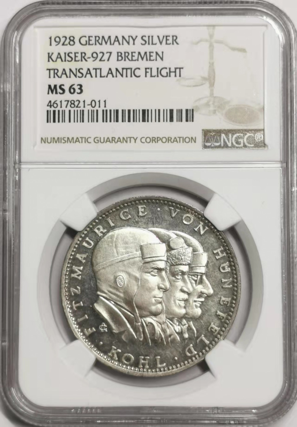 凡希社世界钱币微拍第一百七十八期 1928德国飞越大西洋纪念银章NGC-MS63