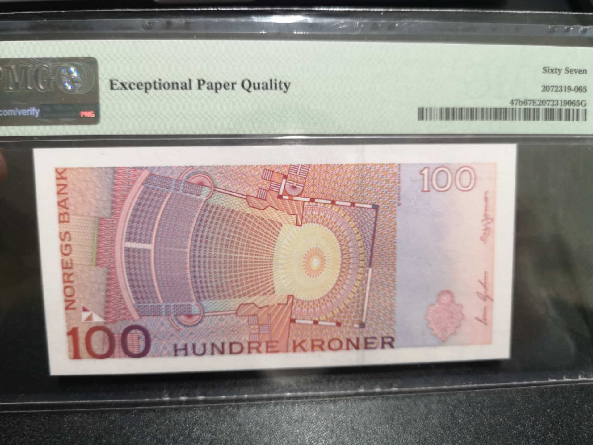 《外钞收藏家》第一百四十七期拍卖连拍第一场（98件） 1999年挪威100克朗 PMG67 初版