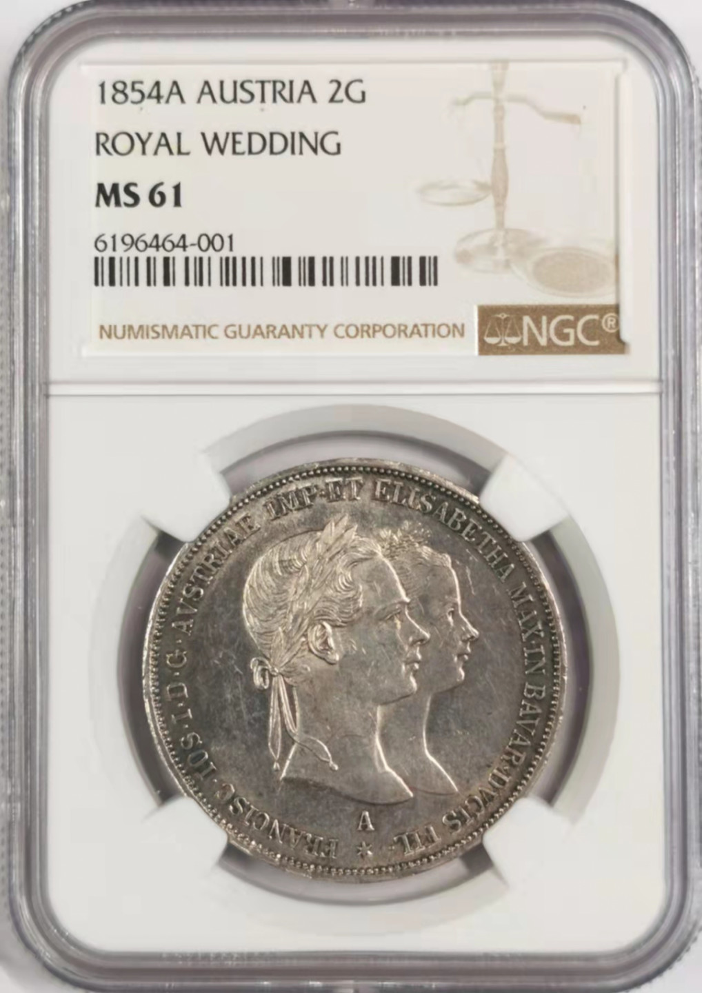 凡希社世界钱币微拍第一百七十八期 荐！1854A奥地利皇帝与茜茜公主大婚纪念2盾NGC-MS61