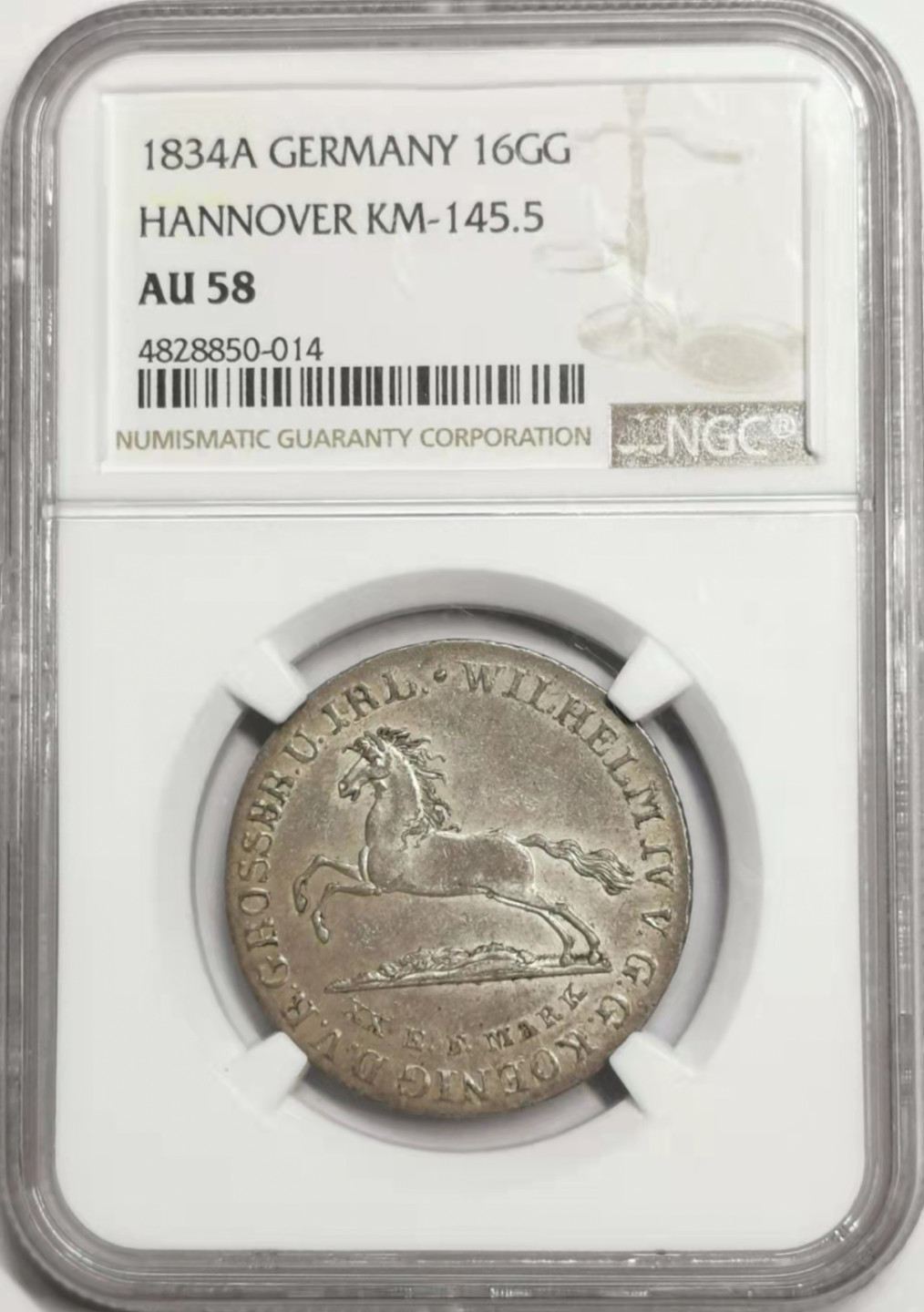 凡希社世界钱币微拍第一百七十八期 1834汉诺威飞马16MG NGC-AU58