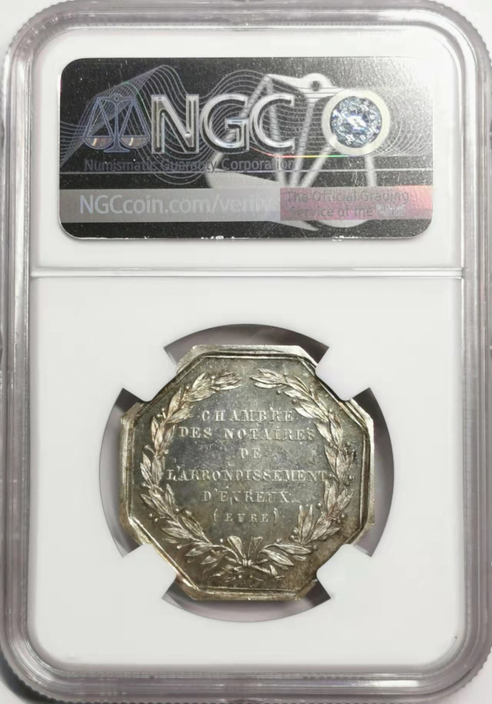 凡希社世界钱币微拍第一百七十八期 十九世纪法国埃弗勒公证人协会银八角银章 NGC-MS64