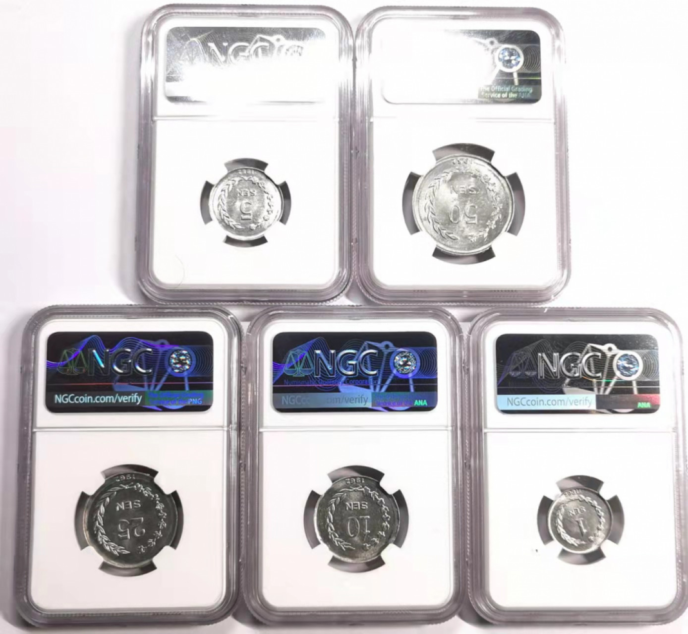 凡希社世界钱币微拍第一百七十八期 荐！1962廖内群岛五枚套NGC-MS62-64