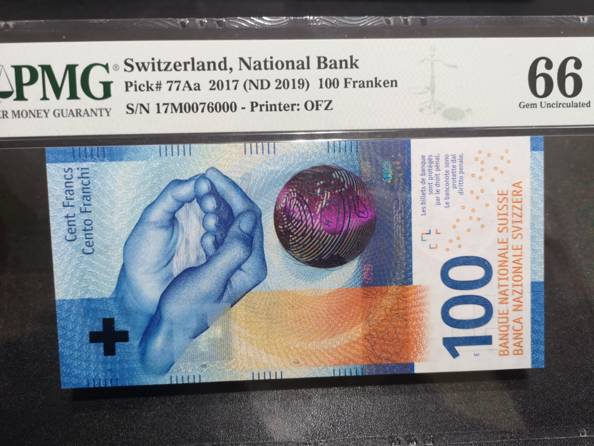 《外钞收藏家》第一百四十七期拍卖连拍第一场（98件） 2017年瑞士手版100法郎 PMG66 000豹子号