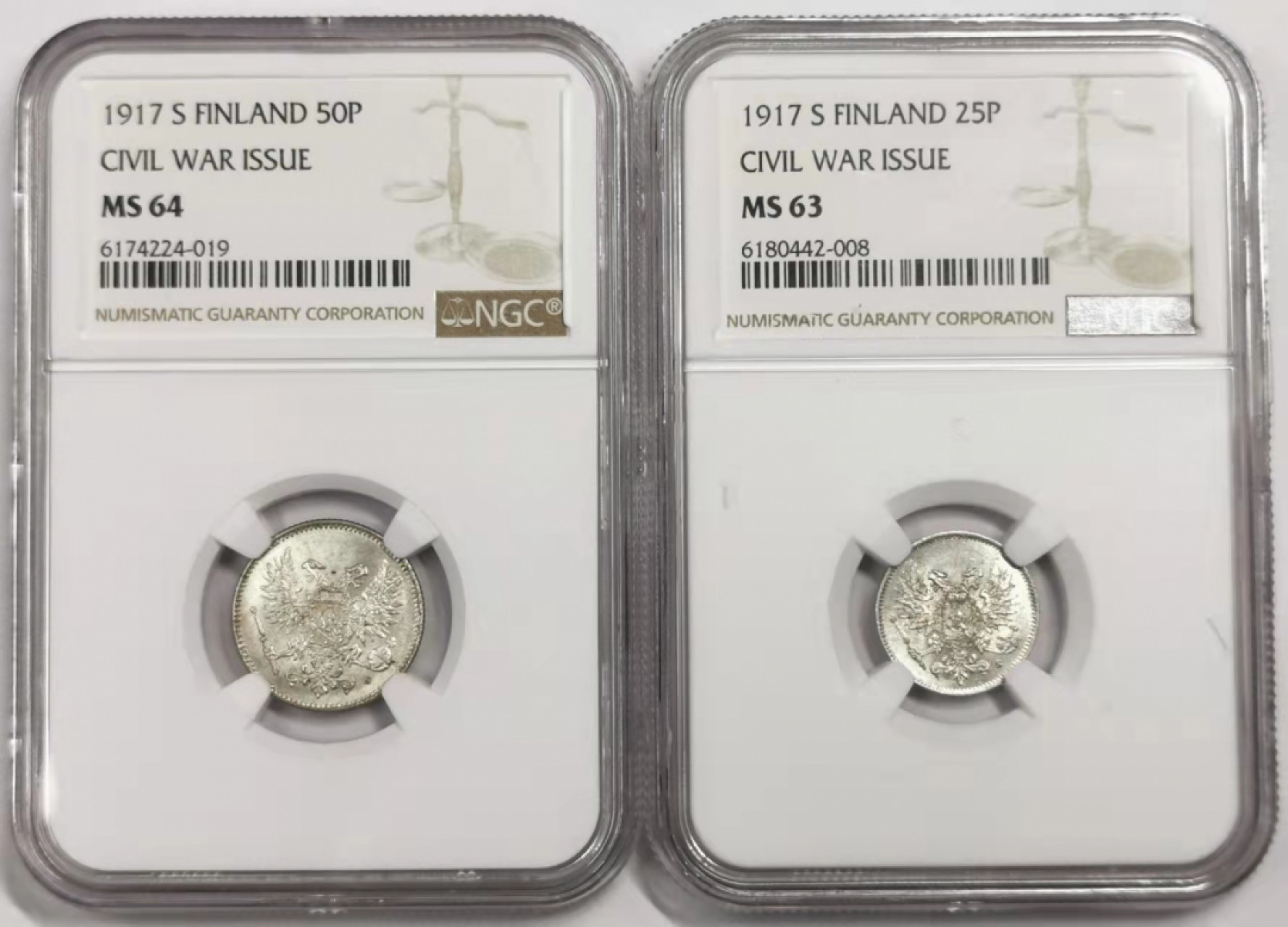 凡希社世界钱币微拍第一百七十八期 1917芬兰银辅币一对NGC-MS63/64