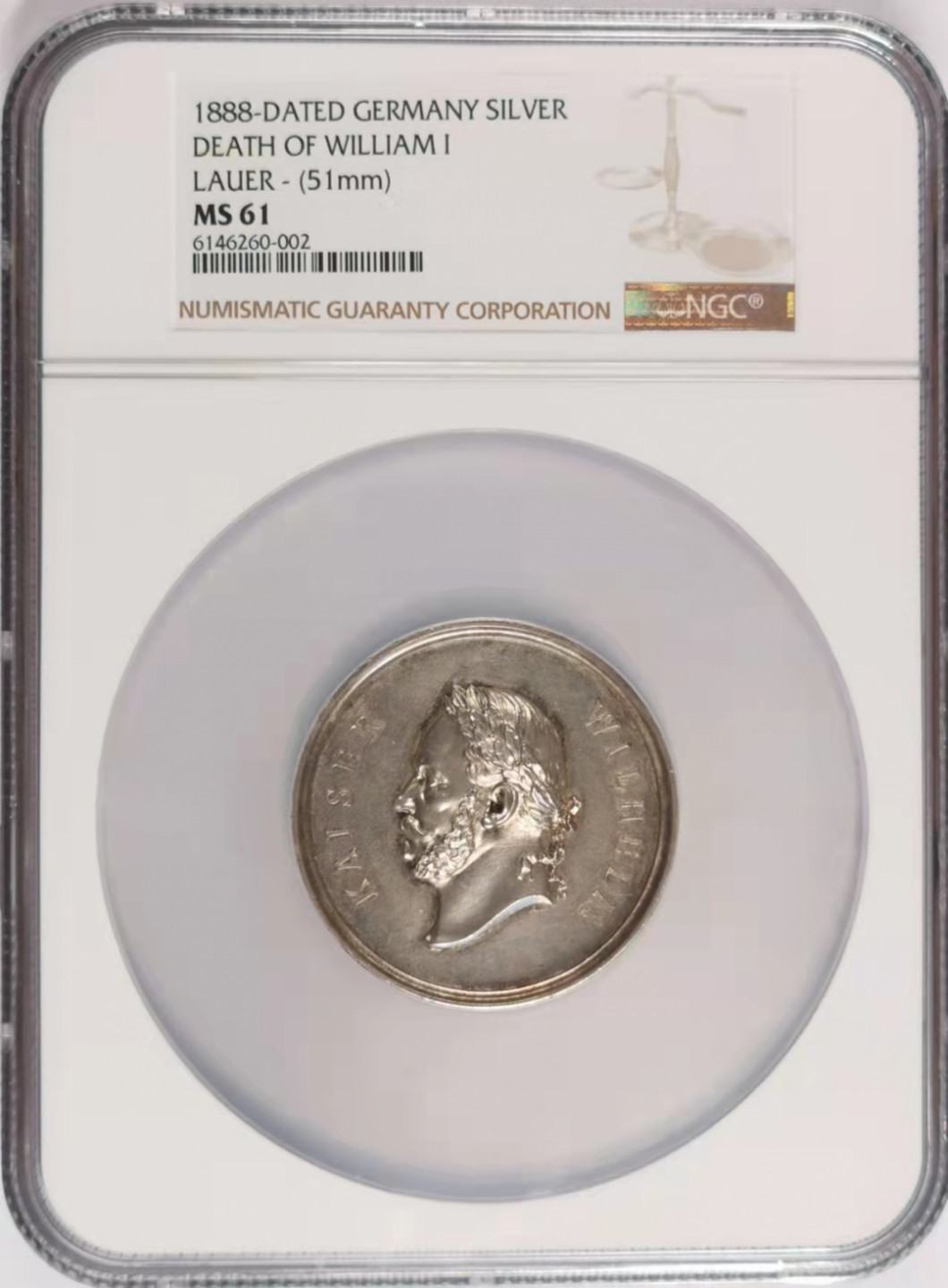 凡希社世界钱币微拍第一百七十八期 荐！1888普鲁士威廉一世逝世纪念大型银章NGC-MS61